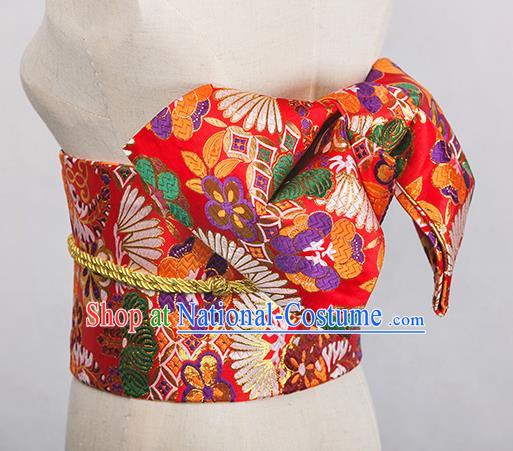 Japanese Traditional Kimono Red Brocade Embroidered Belts Asian Handmade Japan Geisha Yukata Waistband for Women