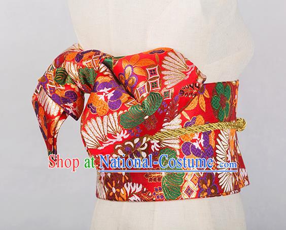 Japanese Traditional Kimono Red Brocade Embroidered Belts Asian Handmade Japan Geisha Yukata Waistband for Women