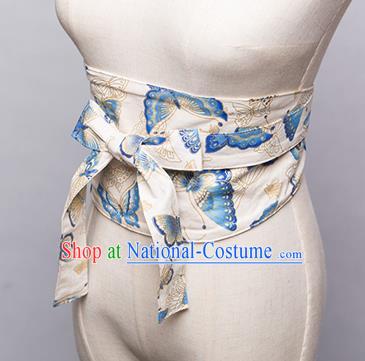 Japanese Traditional Kimono Printing Butterfly White Belts Asian Handmade Japan Geisha Yukata Waistband for Women