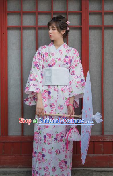 Handmade Japanese Traditional Costume Printing White Furisode Kimono Dress Asian Japan Yukata for Women