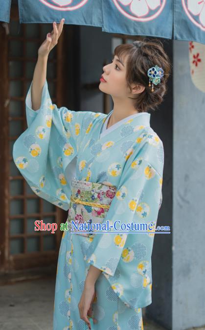 Handmade Japanese Traditional Costume Printing Green Furisode Kimono Dress Asian Japan Yukata for Women