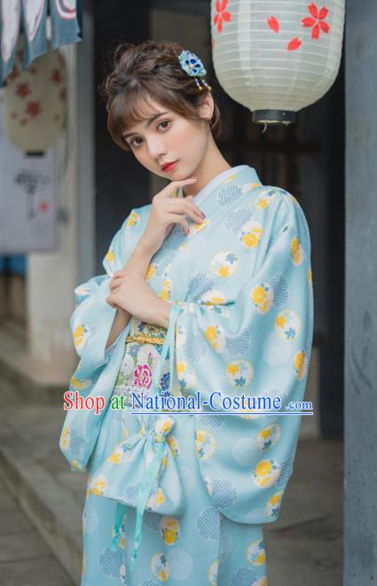 Handmade Japanese Traditional Costume Printing Green Furisode Kimono Dress Asian Japan Yukata for Women