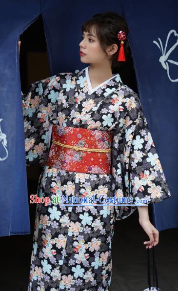 Handmade Japanese Traditional Costume Black Furisode Kimono Dress Asian Japan Yukata for Women