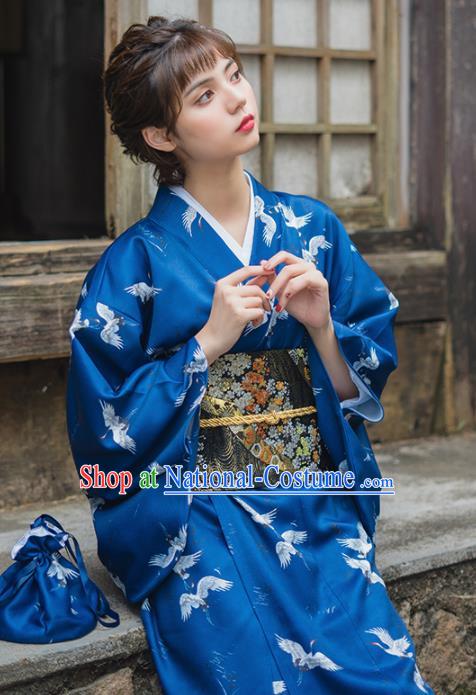 Handmade Japanese Traditional Costume Deep Blue Furisode Kimono Dress Asian Japan Yukata for Women