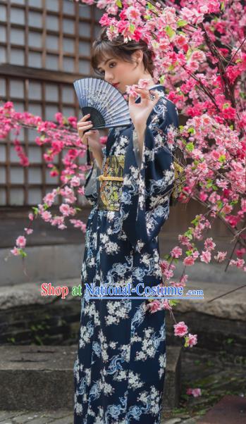 Handmade Japanese Traditional Costume Printing Navy Furisode Kimono Dress Asian Japan Yukata for Women