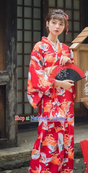 Handmade Japanese Traditional Costume Printing Cranes Red Furisode Kimono Dress Asian Japan Yukata for Women