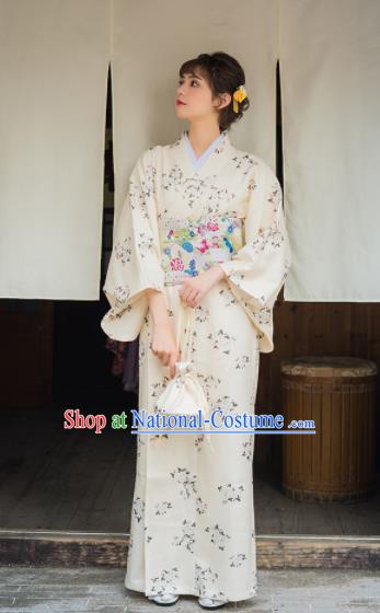 Handmade Japanese Traditional Costume Printing White Furisode Kimono Dress Asian Japan Yukata for Women