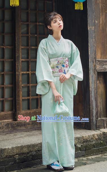 Handmade Japanese Traditional Costume Printing Light Green Furisode Kimono Dress Asian Japan Yukata for Women