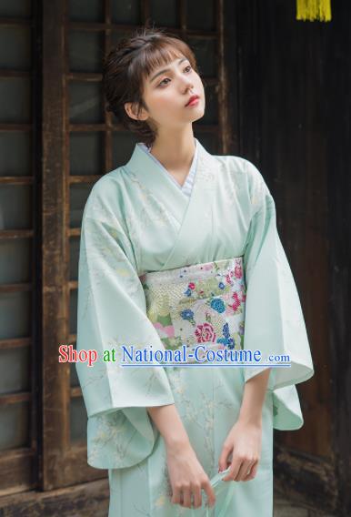 Handmade Japanese Traditional Costume Printing Light Green Furisode Kimono Dress Asian Japan Yukata for Women