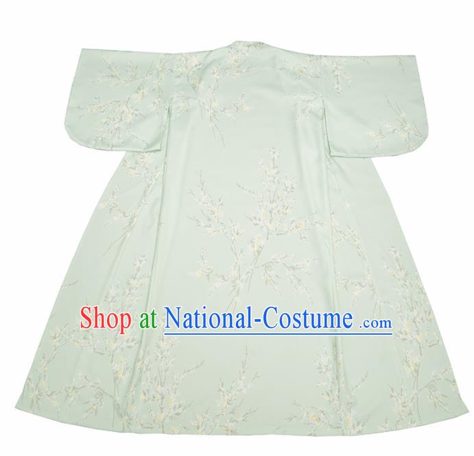 Handmade Japanese Traditional Costume Printing Light Green Furisode Kimono Dress Asian Japan Yukata for Women