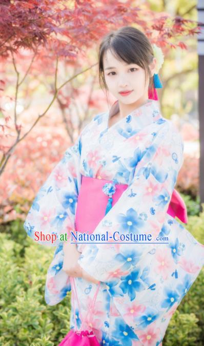 Japanese Traditional Costume Geisha Printing Blue Flowers Furisode Kimono Asian Japan Yukata Dress for Women