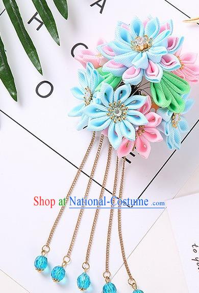 Japanese Traditional Kimono Hair Accessories Handmade Japan Geisha Blue Flowers Hairpins for Women