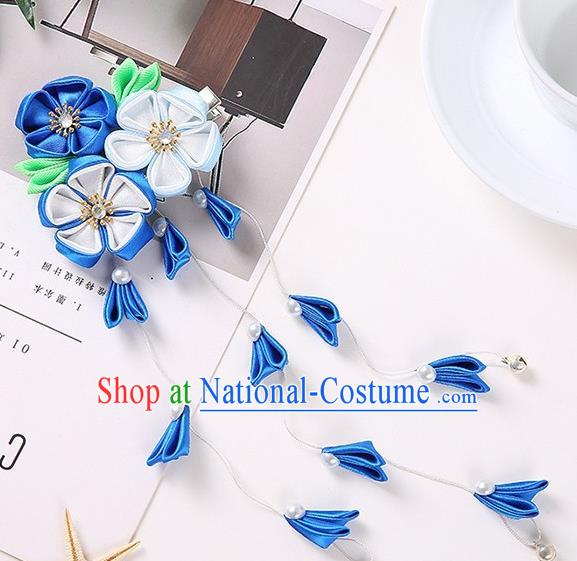 Japanese Traditional Kimono Hair Accessories Handmade Japan Geisha Blue Ribbon Tassel Hairpins for Women