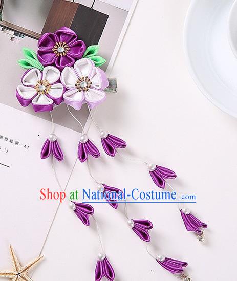 Japanese Traditional Kimono Hair Accessories Handmade Japan Geisha Purple Ribbon Tassel Hairpins for Women