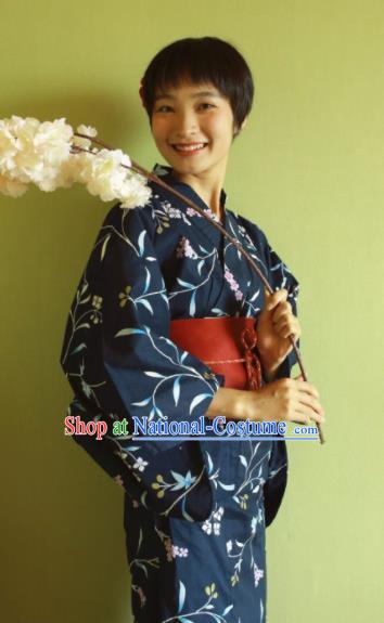 Japanese Traditional Costume Geisha Printing Navy Furisode Kimono Asian Japan Yukata Dress for Women