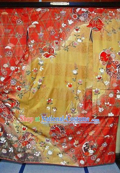 Japanese Traditional Costume Geisha Red Brocade Furisode Kimono Asian Japan Yukata Dress for Women