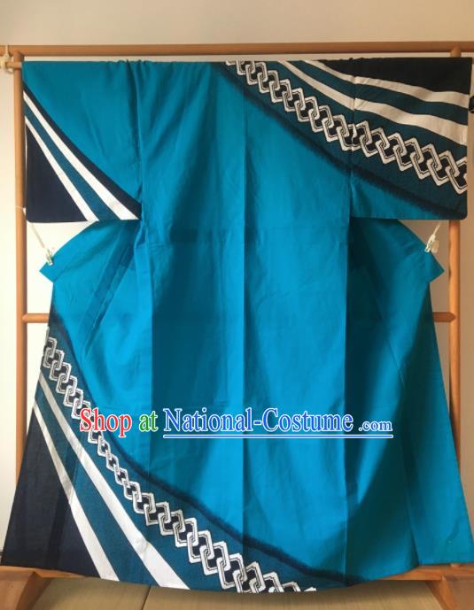 Japanese Traditional Costume Geisha Blue Furisode Kimono Asian Japan Yukata Dress for Women