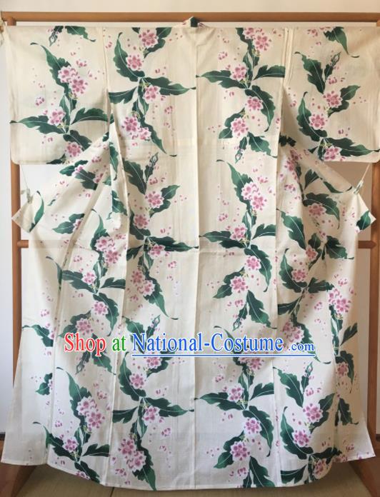 Japanese Traditional Costume Geisha Printing Green Leaf Furisode Kimono Asian Japan Yukata Dress for Women