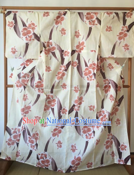 Japanese Traditional Costume Geisha Printing Flowers White Furisode Kimono Asian Japan Yukata Dress for Women