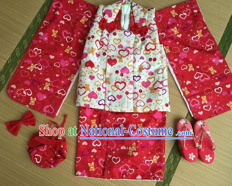 Japanese Traditional Handmade Red Kimono Dress Asian Japan Girls Yukata Costume for Kids