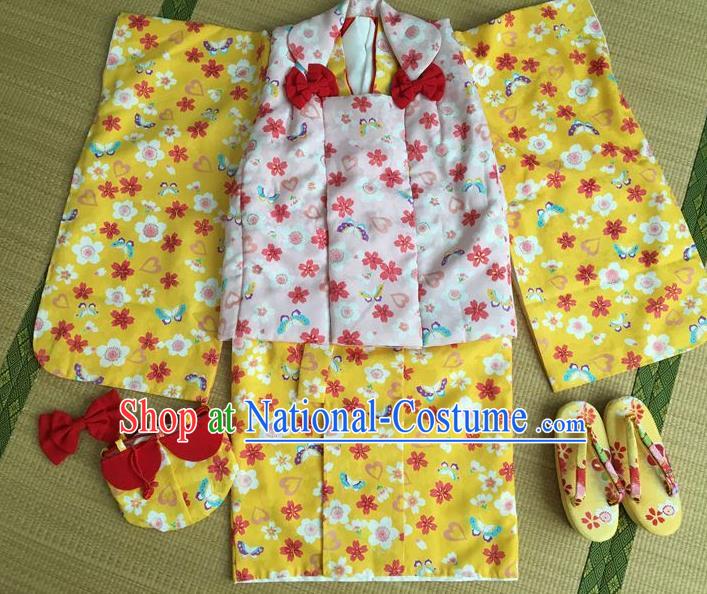 Japanese Traditional Handmade Yellow Kimono Dress Asian Japan Girls Yukata Costume for Kids