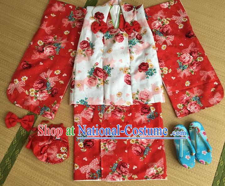 Japanese Traditional Handmade Printing Roses Red Kimono Dress Asian Japan Girls Yukata Costume for Kids