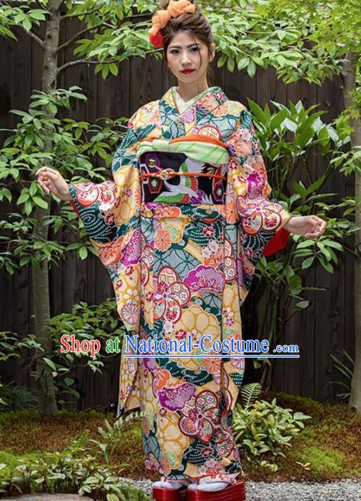 Japanese Traditional Costume Geisha Printing Green Furisode Kimono Asian Japan Yukata Dress for Women