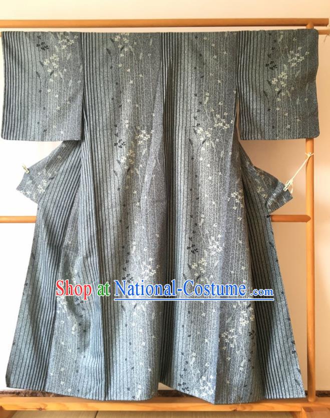 Japanese Traditional Grey Furisode Kimono Asian Japan Geisha Yukata Dress Costume for Women