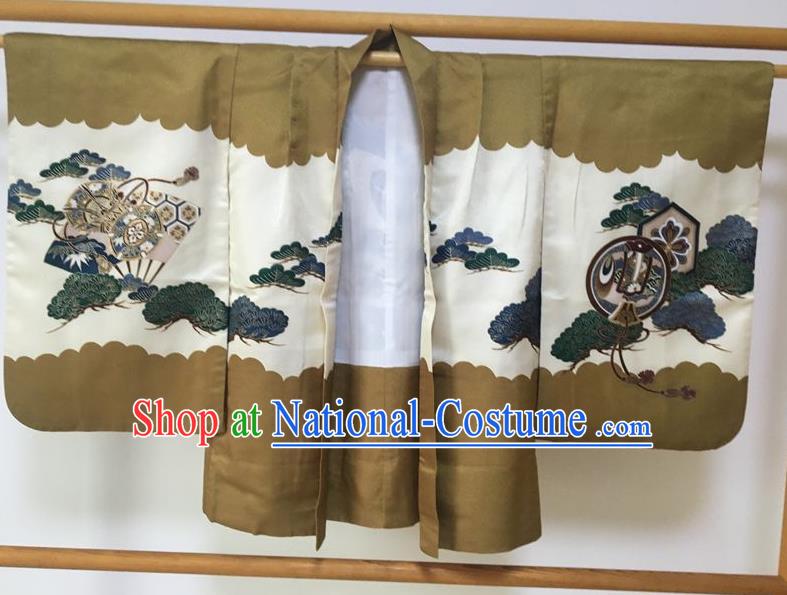 Japanese Traditional Handmade Printing Pine Khaki Haori Coat Kimono Asian Japan Boys Yukata Costume for Kids