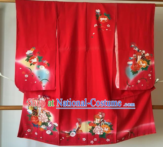 Japanese Traditional Handmade Printing Furisode Kimono Asian Japan Red Yukata Costume for Kids