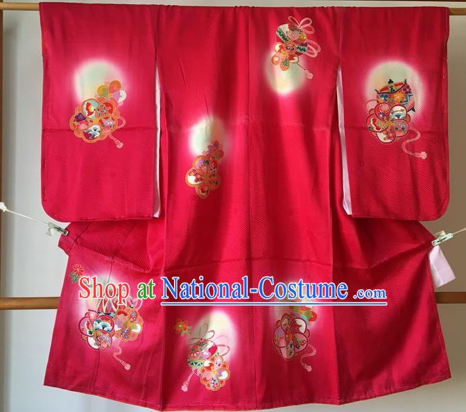 Japanese Traditional Handmade Printing Furisode Kimono Asian Japan Printing Red Yukata Costume for Kids