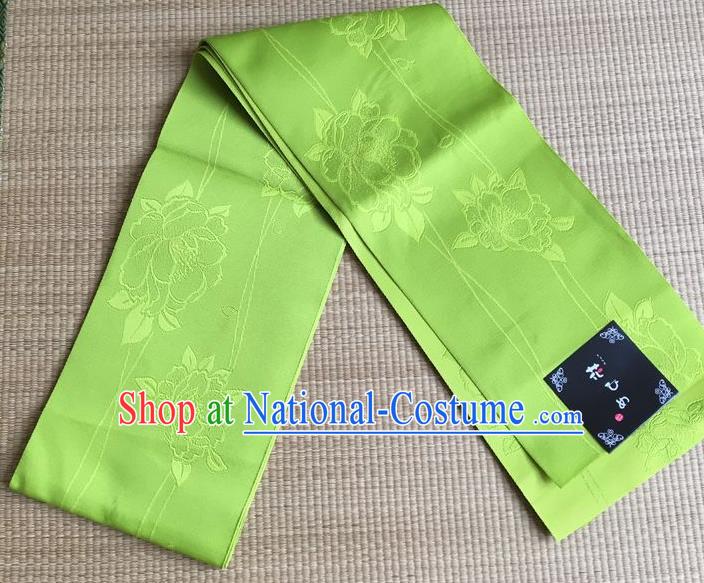 Japanese Traditional Court Yukata Classical Peony Pattern Green Brocade Belts Asian Handmade Japan Geisha Kimono Waistband for Women