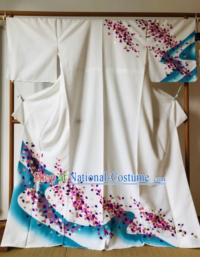 Japanese Traditional Costume Okuni Printing White Furisode Kimono Asian Japan Geisha Yukata Dress for Women