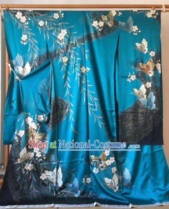 Japanese Traditional Costume Okuni Printing Butterfly Blue Furisode Kimono Asian Japan Geisha Yukata Dress for Women