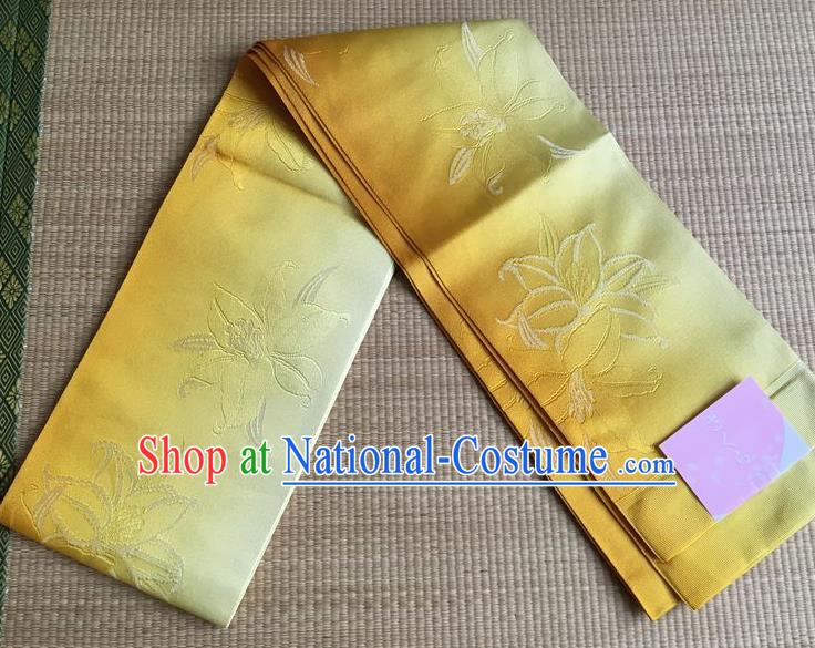 Japanese Traditional Court Yukata Classical Peony Pattern Golden Brocade Belts Asian Handmade Japan Geisha Kimono Waistband for Women