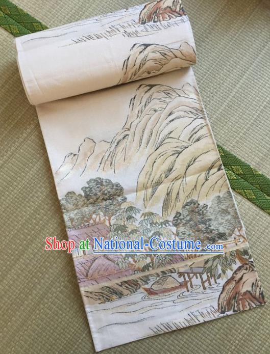 Japanese Traditional Court Yukata Landscape White Belts Asian Handmade Japan Geisha Kimono Brocade Waistband for Women