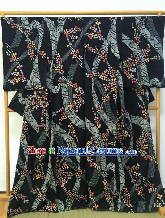 Japanese Traditional Printing Black Furisode Kimono Asian Japan Geisha Yukata Dress Costume for Women