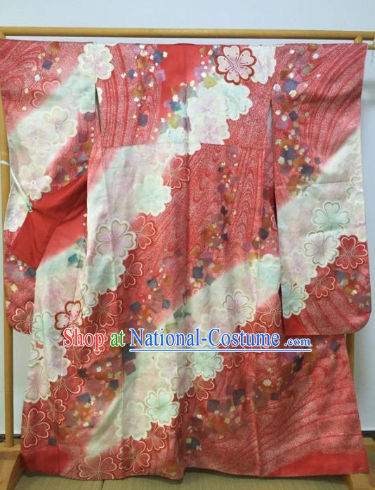 Japanese Traditional Wedding Red Furisode Kimono Asian Japan Geisha Yukata Dress Costume for Women