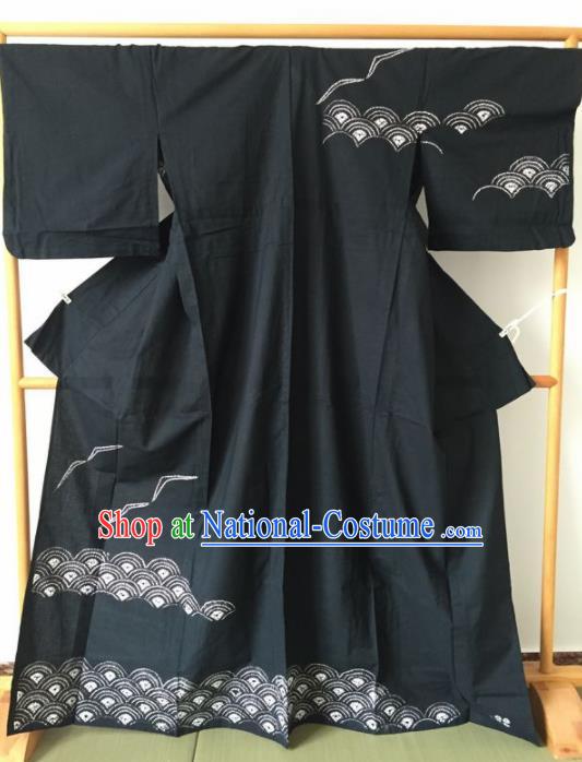 Japanese Traditional Printing Waves Black Furisode Kimono Asian Japan Geisha Yukata Dress Costume for Women