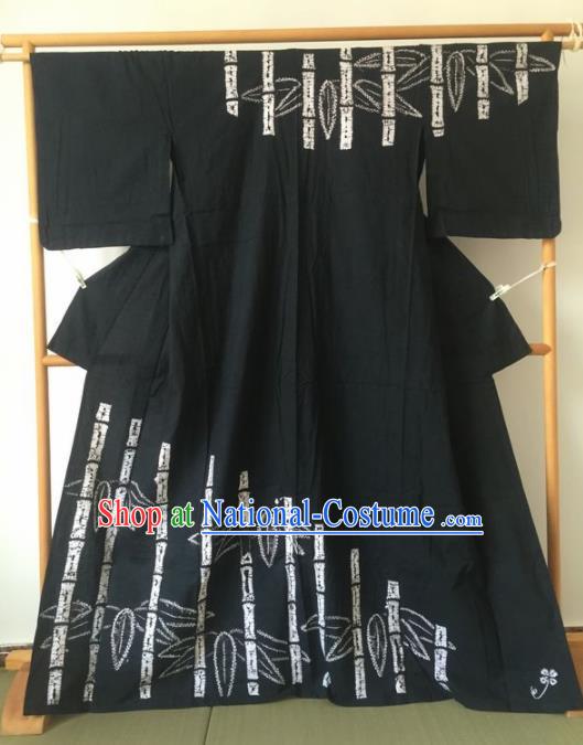 Japanese Traditional Printing Bamboo Black Furisode Kimono Asian Japan Geisha Yukata Dress Costume for Women