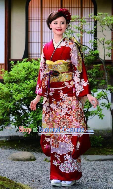 Japanese Traditional Red Furisode Kimono Asian Japan Costume Geisha Yukata Dress for Women