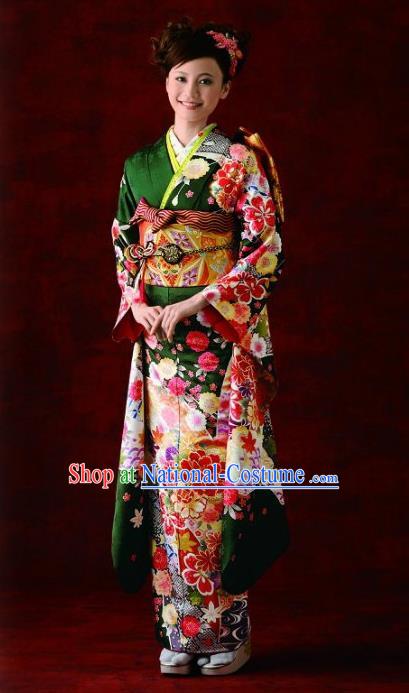 Japanese Traditional Printing Peony Deep Green Furisode Kimono Asian Japan Costume Geisha Yukata Dress for Women