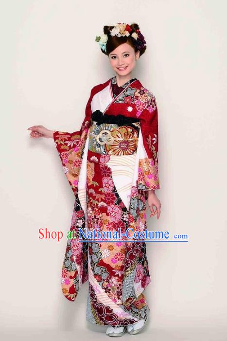 Japanese Traditional Printing Wine Red Furisode Kimono Asian Japan Costume Geisha Yukata Dress for Women