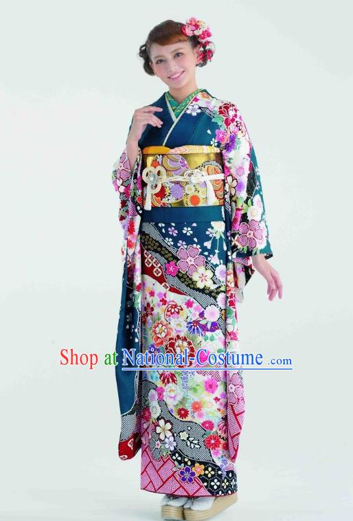 Japanese Traditional Printing Peacock Blue Furisode Kimono Asian Japan Costume Geisha Yukata Dress for Women