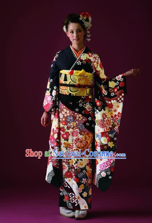 Japanese Traditional Printing Black Furisode Kimono Asian Japan Costume Geisha Yukata Dress for Women