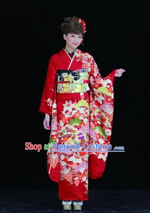 Japanese Traditional Printing Leaf Red Furisode Kimono Asian Japan Costume Geisha Yukata Dress for Women