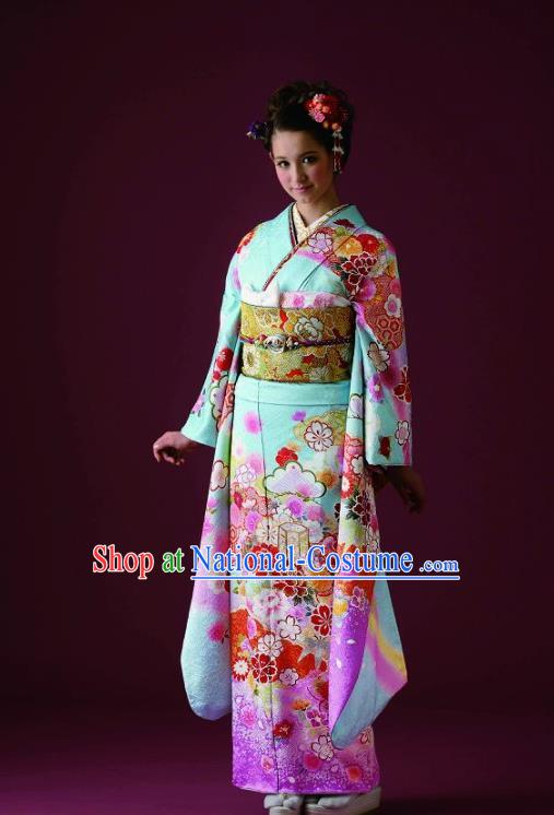 Japanese Traditional Printing Sakura Green Furisode Kimono Asian Japan Costume Geisha Yukata Dress for Women