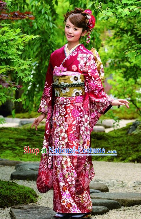 Japanese Traditional Printing Sakura Wine Red Furisode Kimono Asian Japan Costume Geisha Yukata Dress for Women