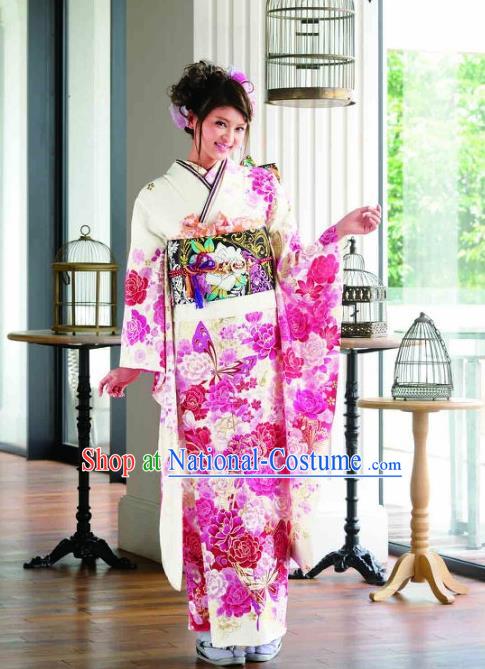 Japanese Traditional Printing Peony Flowers White Furisode Kimono Asian Japan Costume Geisha Yukata Dress for Women