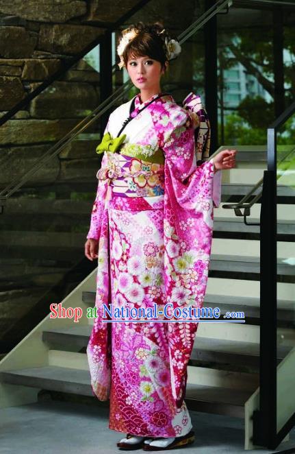 Japanese Traditional Printing Furisode Kimono Asian Japan Costume Geisha Yukata Dress for Women